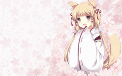 Rule 34 | 1girl, animal ears, blonde hair, brown eyes, fang, floral background, flower, fox ears, fox tail, hair ornament, highres, japanese clothes, kitsune, miko, original, simple background, smile, tail, takase kanan, wallpaper