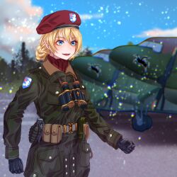 Rule 34 | 1girl, alternate costume, belt, beret, binoculars, black gloves, blue sky, blurry, blurry background, braid, cloud, cloudy sky, coat, commentary, darjeeling (girls und panzer), day, depth of field, emblem, explosive, flashlight, girls und panzer, gloves, green coat, grenade, hat, highres, looking to the side, military hat, open mouth, outdoors, red hat, red scarf, scarf, short hair, sky, smile, solo, st. gloriana&#039;s (emblem), standing, tigern (tigern28502735), utility belt, world war ii