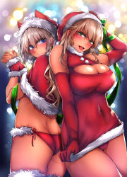 Rule 34 | 2girls, :d, :o, animal ears, arm up, ass, back-to-back, bare shoulders, blurry, blush, bokeh, breasts, brown hair, butt crack, cameltoe, cape, cat ears, christmas, cleavage, cleavage cutout, clothing cutout, covered navel, cowboy shot, dark-skinned female, dark skin, depth of field, dress, dress tug, earrings, elbow gloves, eyelashes, fingernails, frills, fur trim, gloves, green eyes, green ribbon, gyaru, hand on headwear, hand on own head, hat, hat with ears, highres, hoop earrings, jewelry, kogal, large breasts, lipstick, long hair, looking at viewer, makeup, microdress, multiple girls, open mouth, original, panties, parted lips, pink lips, red dress, red gloves, red panties, ribbon, santa costume, santa hat, side-tie panties, silver hair, skin tight, smile, star (symbol), star earrings, tan, tongue, tongue out, underwear, wrist cuffs, yukibuster z
