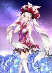 Rule 34 | 1girl, bare shoulders, blowing kiss, blue eyes, blue flower, blue rose, boots, fate/grand order, fate (series), flower, gloves, gouichi, hat, highres, large hat, long hair, marie antoinette (fate), one eye closed, open mouth, red gloves, rose, silver hair, thigh boots, thighhighs, twintails, very long hair