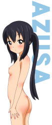 Rule 34 | 1girl, ass, black hair, blush, breasts, brown eyes, character name, female focus, highres, k-on!, long hair, looking back, nakano azusa, nipples, nude, rm (rm32), simple background, small breasts, solo, twintails, white background