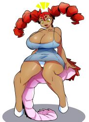 Rule 34 | 1girl, :3, absurdres, ass, bare shoulders, blush, braid, breast hold, breasts, cleavage, curvy, dark-skinned female, dark skin, dragon tail, dragoontequila, dress, fang, full body, highres, huge breasts, invisible chair, long hair, no bra, original, panties, red hair, shiny skin, simple background, sitting, solo, tail, tequila (dragoontequila), thick thighs, thighs, thinking, twin braids, twintails, underwear, very long hair, white panties, wide hips, yellow eyes