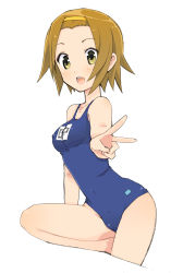 Rule 34 | 1girl, bad id, bad pixiv id, breasts, brown eyes, brown hair, covered erect nipples, hairband, highres, k-on!, looking at viewer, one-piece swimsuit, open mouth, round teeth, school swimsuit, simple background, small breasts, smile, solo, swimsuit, tainaka ritsu, teeth, tsumura chita, v, white background