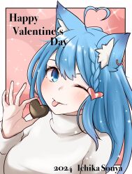 Rule 34 | 1girl, 2024, ahoge, alternate costume, animal ear piercing, animal ears, blue eyes, blue hair, blush, braid, breasts, candy, character name, chocolate, chocolate heart, closed mouth, commentary request, dog ears, dog girl, earrings, food, hair ornament, happy valentine, heart, heart ahoge, heart hair ornament, highres, jewelry, long hair, looking at viewer, lovermoonlight, medium bangs, medium breasts, nanashi inc., one eye closed, side braid, single earring, smile, solo, souya ichika, sweater, tongue, tongue out, turtleneck, turtleneck sweater, upper body, virtual youtuber, white sweater