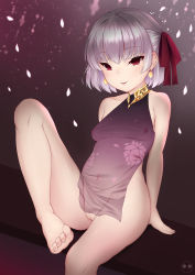 1girl absurdres arm_support bare_legs bare_shoulders barefoot bottomless breasts chinese_clothes cleft_of_venus collarbone covered_erect_nipples covered_navel dudou earrings fate/grand_order fate_(series) feet female_focus gold hair_ribbon highres jewelry john_zerowb kama_(fate) kama_(first_ascension)_(fate) leg_up looking_at_viewer navel necklace nipples no_bra no_panties parted_lips petals purple_shirt pussy red_eyes red_ribbon ribbon see-through_clothes shirt silver_hair sitting small_breasts smile solo toes