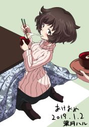 Rule 34 | 1girl, akeome, akiyama yukari, artist name, black legwear, black pants, blurry, blurry foreground, blush, bowl, brown eyes, brown hair, casual one-piece swimsuit, chopsticks, closed mouth, commentary request, dated, depth of field, eating, food, from behind, girls und panzer, happy new year, hazuki haru, highres, holding, holding bowl, holding chopsticks, kotatsu, light blush, long sleeves, looking at viewer, looking back, messy hair, mochi, mochi trail, new year, one-piece swimsuit, pants, pink sweater, ribbed sweater, short hair, signature, sitting, snowflake print, socks, solo focus, sweater, swimsuit, table, translated, tray, wariza