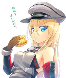 Rule 34 | 10s, 1girl, anchor choker, bare shoulders, bismarck (kancolle), blonde hair, blue eyes, breasts, brown gloves, commentary request, detached sleeves, doughnut, eating, female focus, food, french cruller, gloves, hair between eyes, hat, kantai collection, long hair, looking at viewer, magenta (atyana), military, military hat, military uniform, peaked cap, simple background, solo, translated, uniform, upper body, white background
