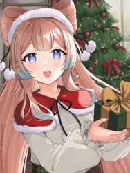 Rule 34 | 1girl, :d, artist name, blue hair, bow-shaped hair, box, capelet, christmas, christmas tree, commentary, drawstring, fur-trimmed capelet, fur hairband, fur trim, genshin impact, gift, gift box, gradient hair, highres, indoors, light blue hair, light blush, light brown hair, long hair, long sleeves, looking at viewer, multicolored hair, open mouth, pom pom (clothes), purple eyes, red capelet, sangonomiya kokomi, shirt, sidelocks, smile, solo, upper body, vickie (cryingrobot), white shirt, window