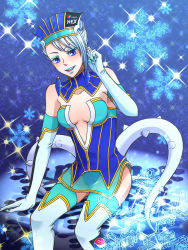 Rule 34 | 10s, 1girl, asymmetrical bangs, bare shoulders, blue eyes, blue hair, blue rose (tiger &amp; bunny), blush, breasts, cleavage, elbow gloves, fingernails, gloves, hat, karina lyle, lipstick, makeup, matching hair/eyes, pepsi nex, product placement, short hair, snowflakes, solo, sparkle, superhero costume, thighhighs, tiger &amp; bunny