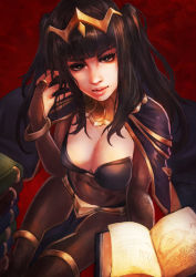 Rule 34 | 1girl, absurdres, black eyes, black hair, bodystocking, bracelet, breasts, bridal gauntlets, cape, cleavage, covered navel, fire emblem, fire emblem awakening, highres, jewelry, long hair, looking at viewer, medium breasts, monori rogue, nintendo, pelvic curtain, red background, sitting, solo, tharja (fire emblem), thigh strap, tiara