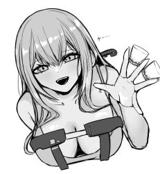 Rule 34 | 1girl, blush, bodysuit, breasts, cleavage, collarbone, goddess of victory: nikke, greyscale, holding, large breasts, long hair, monochrome, open mouth, scarlet (nikke), solo, yakii (yak11)