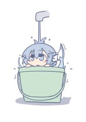 Rule 34 | 1girl, blue eyes, blue hair, blush, bucket, chibi, faucet, female focus, fins, fish tail, flat color, head fins, highres, in bucket, in container, matching hair/eyes, mermaid, mini person, minigirl, monster girl, ooyama bokuchi, pale color, short hair, solo, tail, touhou, wakasagihime, water, white background