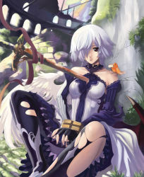 Rule 34 | 1girl, animal, animal on shoulder, bird, bird on shoulder, brown eyes, eiwa, hair over one eye, ruins, solo, sword, torn clothes, weapon, white hair, wings