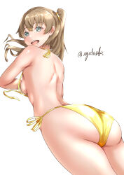 Rule 34 | 1girl, absurdres, agodashi, ass, bikini, breasts, brown hair, commentary request, gold bikini, green eyes, highres, kantai collection, kumano (kancolle), long hair, looking back, lying, on stomach, one-hour drawing challenge, side-tie bikini bottom, simple background, small breasts, solo, swimsuit, twitter username, white background