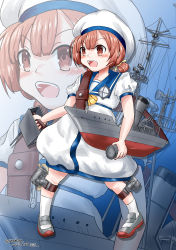 Rule 34 | 1girl, adapted turret, blue background, brown eyes, cannon, commentary request, dated, depth charge, dress, full body, gradient background, hat, highres, kaiboukan no.4 (kantai collection), kantai collection, low twintails, machinery, open mouth, sailor dress, sailor hat, searchlight, senon, short hair, solo, standing, teeth, turret, twintails, twitter username, upper teeth only, white dress, white hat, zoom layer