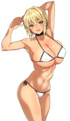 Rule 34 | 1girl, armpits, arms behind head, bikini, blonde hair, breasts, brown eyes, choker, cleavage, commentary request, cowboy shot, covered erect nipples, hair intakes, kokechan, large breasts, looking at viewer, micro bikini, navel, open mouth, original, short hair, smile, solo, swimsuit, white background