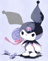 Rule 34 | :o, animal focus, candy, commentary, food, full body, highres, holding, holding candy, holding food, holding lollipop, kuromi, li04r, lollipop, looking to the side, no humans, pink ribbon, purple background, ribbon, sanrio, shadow, skull, solid eyes, standing, wrapped candy