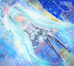 Rule 34 | 1girl, boots, detached sleeves, closed eyes, hair ribbon, hatsune miku, mayo riyo, necktie, poster (object), ribbon, sitting, solo, thigh boots, thighhighs, twintails, vocaloid, zettai ryouiki
