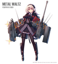 Rule 34 | 1girl, antennae, blonde hair, bow, buttons, cannon, capelet, crossed arms, grin, hair bow, hair ornament, hairclip, heiwari kanade, highres, jacket, lights, looking at viewer, mecha musume, official art, original, pantyhose, panzer waltz, personification, red eyes, simple background, smile, smug, solo, thigh strap, tiger (early henschel) (panzer waltz), turret, white background