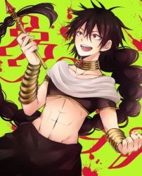 Rule 34 | 1boy, bad id, bad pixiv id, black hair, jewelry, judal, kudou (90n), long hair, magi the labyrinth of magic, male focus, midriff, neck ring, open mouth, red eyes, solo, teeth
