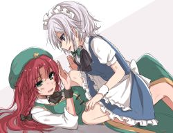 Rule 34 | 2girls, apron, asa (coco), beret, blue dress, blue eyes, braid, breasts, bruise, dirty, dirty clothes, dress, green eyes, hair ribbon, hat, hong meiling, impossible clothes, injury, izayoi sakuya, looking at another, lying, maid, maid apron, maid headdress, multiple girls, on back, open mouth, puffy short sleeves, puffy sleeves, red hair, ribbon, shirt, short sleeves, silver hair, sitting, sitting on person, touhou, tress ribbon, twin braids, waist apron, white shirt