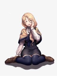 Rule 34 | 1girl, black thighhighs, blonde hair, boots, bow, brown footwear, dirty, dirty clothes, dirty face, closed eyes, fire emblem, fire emblem: three houses, full body, garreg mach monastery uniform, hair bow, hair ribbon, hand on own cheek, hand on own face, head tilt, highres, leather, leather boots, long sleeves, looking at viewer, medium hair, mercedes von martritz, moyashi mou2, neckerchief, nintendo, open mouth, ribbon, shadow, shawl, simple background, sitting, skirt, solo, thighhighs, tress ribbon, wariza, white background, zettai ryouiki
