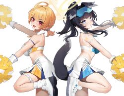 Rule 34 | 2girls, absurdres, ahoge, animal ears, arm strap, back, bare arms, bare legs, bare shoulders, black hair, blonde hair, blue archive, blue eyes, braid, breasts, bright pupils, cheerleader, commentary request, crop top, detached collar, dog ears, dog tail, extra ears, facial mark, floating hair, from side, goggles, goggles on head, halo, hibiki (blue archive), hibiki (cheer squad) (blue archive), highres, holding, holding pom poms, kotori (blue archive), kotori (cheer squad) (blue archive), large breasts, leg up, legs, long hair, looking at viewer, looking to the side, median furrow, midriff, millennium cheerleader outfit (blue archive), miniskirt, multiple girls, official alternate costume, open mouth, outstretched arms, pleated skirt, pom pom (cheerleading), pom poms, ponytail, red eyes, sbbs, shirt, shoes, short twintails, shoulder tattoo, sidelocks, simple background, skirt, sleeveless, sleeveless shirt, smile, sneakers, socks, tail, tattoo, thighs, twintails, two-tone shirt, v-shaped eyebrows, white background, white footwear, white shirt, white skirt, white socks, wrist cuffs