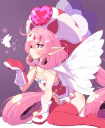 Rule 34 | 1girl, babydoll, cape, closed mouth, commentary, fairy, flat chest, hat, head chain, highres, jewelry, leaning forward, lingerie, long hair, mittens, neneka (princess connect!), pink eyes, pink hair, pink hat, pink mittens, pink thighhighs, pointy ears, princess connect!, sitting, solo, sparkle, sw (taco), thighhighs, underwear, very long hair, wariza, white cape