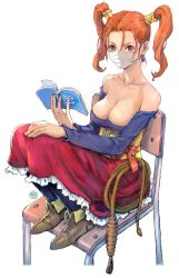 Rule 34 | 1girl, absurdres, bad id, bad twitter id, bare shoulders, black pantyhose, blue gemstone, blue shirt, book, boots, breasts, brown eyes, chair, cleavage, collarbone, detached sleeves, dragon quest, dragon quest viii, earrings, feet on chair, full body, gem, hand on own knee, highres, holding, holding book, jessica albert, jewelry, large breasts, lasso, long hair, long skirt, long sleeves, looking at viewer, mask, mouth mask, open book, orange hair, pantyhose, red skirt, shiren (ourboy83), shirt, signature, single earring, sitting, skirt, solo, square enix, strapless, strapless shirt, twintails, weapon, whip, white background