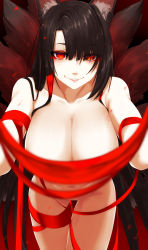 Rule 34 | 1girl, absurdres, akagi (azur lane), animal ears, azur lane, black hair, blunt bangs, breasts, cleavage, collarbone, cowboy shot, eyelashes, fox ears, fox tail, hair over one eye, highres, large breasts, leaning forward, lips, long hair, looking at viewer, minarai tenna, naked ribbon, nude, parted lips, red eyes, red ribbon, revision, ribbon, smile, solo, standing, tail, thigh gap