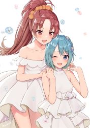 2girls, :d, ;d, absurdres, antenna hair, artist name, bare shoulders, blue eyes, blue hair, collarbone, dress, eyebrows visible through hair, fang, floral background, flower, frilled dress, frills, hair flower, hair ornament, hand on another&#039;s shoulder, highres, huge filesize, long hair, looking at another, mahou shoujo madoka magica, miki sayaka, mochiko (uyu omochi), multiple girls, one eye closed, open mouth, ponytail, red eyes, red hair, sakura kyouko, short hair, smile, thighs, white background, white dress, yuri