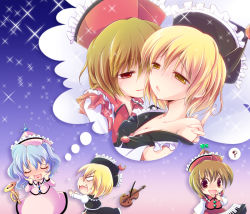 Rule 34 | 3girls, ?, blonde hair, blue hair, blush, breasts, brown hair, cleavage, crescent, embarrassed, enjoy mix, closed eyes, fang, female focus, female pervert, floating, hands on own cheeks, hands on own face, hat, heart, heart in mouth, imagining, incest, instrument, keyboard (instrument), lunasa prismriver, lyrica prismriver, merlin prismriver, multiple girls, off shoulder, pervert, red eyes, short hair, siblings, sisters, sparkle, speech bubble, spoken question mark, thought bubble, touhou, trumpet, violin, yuri