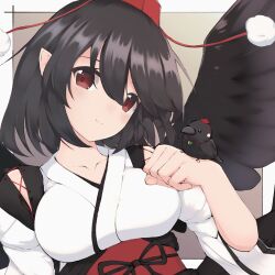 Rule 34 | 1girl, absurdres, bare shoulders, bird, bird wings, black hair, black ribbon, black wings, breasts, closed mouth, collarbone, commentary request, crow, detached sleeves, feathered wings, happy, hat, head tilt, highres, japanese clothes, kimono, kourindou tengu costume, long sleeves, medium breasts, nazawa (nother), obi, pointy ears, pom pom (clothes), red eyes, red hat, red sash, ribbon, sash, shameimaru aya, short hair, smile, solo, tokin hat, touhou, upper body, white kimono, white sleeves, wide sleeves, wings