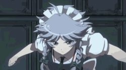 Rule 34 | 1girl, animated, animated gif, attack, between fingers, braid, clock, female focus, gears, holding, izayoi sakuya, jumping, knife, lowres, lunamoon, maid, maid headdress, silver hair, solo, the memories of phantasm, time stop, too many, touhou