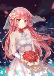 Rule 34 | 1girl, bare shoulders, blush, bouquet, breasts, bride, choker, cowboy shot, dress, expressionless, flower, girls&#039; frontline, hair flower, hair ornament, highres, long hair, looking at viewer, ntw-20 (girls&#039; frontline), pink eyes, pink hair, red flower, red rose, rose, see-through, shawl, solo, standing, veil, very long hair, wedding dress, white dress, wind, wind lift, yuhuan