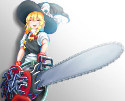 Rule 34 | 1girl, apron, black headwear, black skirt, black vest, blonde hair, blush, bow, braid, breasts, chainsaw, closed eyes, commentary request, cookie (touhou), cowboy shot, gloves, green eyes, hair bow, hat, hat bow, highres, holding, holding chainsaw, kirisame marisa, labor, living clothes, long hair, looking at viewer, open mouth, power tool, puffy short sleeves, puffy sleeves, red bow, red gloves, shirt, short sleeves, single braid, skirt, skirt set, small breasts, smile, star (symbol), suzu (cookie), touhou, turtleneck, vest, waist apron, white apron, white bow, white shirt, witch hat