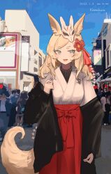 Rule 34 | 1girl, 360 (taiyo360), absurdres, alternate costume, arknights, black jacket, blonde hair, blue eyes, blue sky, building, commentary request, day, flower, fox mask, hair flower, hair ornament, hakama, hakama skirt, highres, jacket, japanese clothes, kimono, long hair, long sleeves, mask, mask on head, off shoulder, open clothes, open jacket, outdoors, people, puffy long sleeves, puffy sleeves, red flower, red hakama, short eyebrows, signature, skirt, sky, sleeves past wrists, solo focus, swept bangs, thick eyebrows, v-shaped eyebrows, whislash (arknights), white kimono