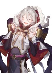 Rule 34 | 1boy, ahoge, azarashi ball, bow, bridal gauntlets, closed eyes, fate/grand order, fate (series), highres, hood, male focus, open mouth, prince of lan ling (fate), santa costume, smile, solo, white background