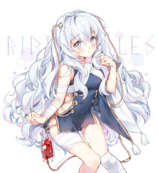 Rule 34 | 1girl, bandaged arm, bandaged leg, bandaged neck, bandages, bare shoulders, blood, blood bag, blue hair, character name, closed mouth, dress, girls&#039; frontline, hair between eyes, intravenous drip, long hair, looking at viewer, pingo, purple eyes, ribeyrolles (girls&#039; frontline), sitting, solo, twitter username, very long hair, white background