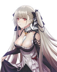 Rule 34 | 1girl, applekun, azur lane, bad id, bad pixiv id, bare shoulders, between breasts, black dress, blush, breasts, cleavage, dress, earrings, formidable (azur lane), frilled dress, frills, grey hair, hair ribbon, highres, jewelry, large breasts, long hair, long sleeves, looking at viewer, nail polish, red eyes, ribbon, solo, twintails, two-tone dress, two-tone ribbon, very long hair