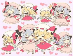 Rule 34 | 2girls, artist name, back bow, bat wings, blonde hair, blue hair, bow, bright pupils, broken heart, brooch, cake, chibi, commentary request, crying, crystal, cup, hugging doll, closed eyes, flandre scarlet, food, hair ornament, holding hands, hat, hat ribbon, heart, holding, holding plate, jewelry, mob cap, multiple girls, multiple views, hugging object, open mouth, pink headwear, pink shirt, pink skirt, plate, pout, red eyes, red footwear, red neckwear, red vest, remilia scarlet, ribbon, shirt, shoes, short hair, short sleeves, siblings, side ponytail, sisters, skirt, smile, socks, spilling, stuffed animal, stuffed toy, sugar cube, teacup, teddy bear, throwing, touhou, vest, white background, white legwear, white pupils, wings, yellow neckwear, yoshishi (yosisitoho)