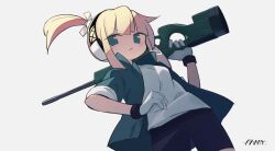 Rule 34 | 1girl, blonde hair, ear protection, fami (yellow skies), gloves, green eyes, gun, iris (material sniper), jacket, looking at viewer, material sniper, open clothes, open jacket, over shoulder, ponytail, rifle, shorts, sidelocks, simple background, sniper rifle, solo, weapon, weapon over shoulder