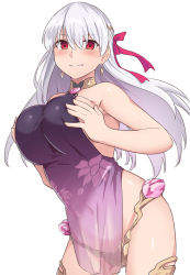 Rule 34 | 1girl, bare shoulders, blush, breasts, dress, earrings, fate/grand order, fate (series), hair between eyes, hair ribbon, hip focus, jewelry, kama (fate), kama (second ascension) (fate), large breasts, long hair, looking at viewer, purple dress, red eyes, ribbon, see-through, shiseki hirame, silver hair, smile, solo, thighs