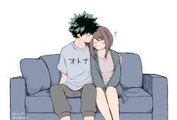 Rule 34 | 1boy, 1girl, black hair, boku no hero academia, brown hair, brown pants, buthikireta, closed eyes, collarbone, commentary request, couch, couple, dated, green hair, grey shirt, highres, jacket, medium hair, midoriya izuku, multicolored hair, on couch, open clothes, open jacket, pants, pillow, shirt, sidelocks, simple background, sitting, sleeping, translation request, twitter username, two-tone hair, uraraka ochako, white background, zzz