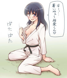 Rule 34 | 1girl, :d, barefoot, belt, black belt, blue hair, blush, breasts, collarbone, dougi, happinesscharge precure!, hikawa iona, japanese clothes, kimono, long hair, long sleeves, nipples, ogry ching, open mouth, pants, precure, sketch, small breasts, smile, solo, speech bubble, straight hair, sweatdrop, white kimono, white pants