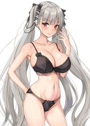 Rule 34 | 1girl, amagi (amagi626), arm behind back, azur lane, black bra, black nails, black panties, blush, bra, breasts, cleavage, collarbone, earrings, formidable (azur lane), grey hair, hand on own face, highres, jewelry, large breasts, lingerie, long hair, looking at viewer, nail polish, navel, panties, red eyes, simple background, smile, solo, twintails, underwear, upper body, very long hair, white background