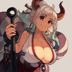 Rule 34 | 1girl, absurdres, bandaid, bandaid on face, breasts, chagallkun, chain, cleavage, curled horns, earrings, green hair, hair ornament, hair stick, highres, hoop earrings, horns, japanese clothes, jewelry, kimono, large breasts, long hair, looking at viewer, multicolored hair, multicolored horns, one piece, oni, orange eyes, ponytail, red horns, rope, shimenawa, sleeveless, smile, solo, weapon, white hair, yamato (one piece)