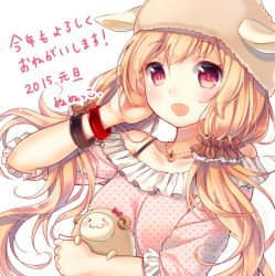 Rule 34 | 1girl, :d, adjusting hair, bad id, bad twitter id, blonde hair, blush, bracelet, hat, jewelry, long hair, looking at viewer, low twintails, necktie, new year, nunucco, open mouth, polka dot, polka dot shirt, red eyes, sheep, shirt, smile, solo, twintails, upper body, white background