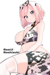Rule 34 | 1girl, animal print, bare shoulders, bell, black choker, blue eyes, blush, bow, bow hairband, bra, breasts, character name, choker, closed mouth, commentary request, cow print, cowbell, from below, hair ornament, hairband, highres, large breasts, looking at viewer, medium hair, misao koinu, mochizuki momiji, neck bell, new game!, one side up, pink hair, pom pom (clothes), pom pom hair ornament, serious, shorts, signature, simple background, solo, thighhighs, thighs, underwear, white background, white bow, white bra, white shorts, white thighhighs