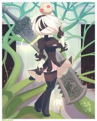 Rule 34 | 1girl, 2b (nier:automata), absurdres, artist name, big sword, black dress, black footwear, black hairband, blindfold, boots, breasts, cleavage, cleavage cutout, clothing cutout, diadem, dress, flower, gloves, glowing, glowing eyes, hairband, highres, huge sword, juliet sleeves, lion print, long sleeves, looking at viewer, mole, nier:automata, nier (series), plant, plant background, puffy sleeves, red eyes, robot, short hair, sr leo , standing, sword, weapon, weapon on back, white hair